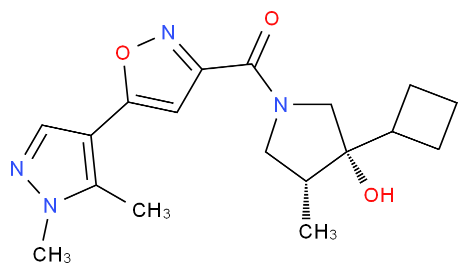 (3R*,4R*)-3-cyclobutyl-1-{[5-(1,5-dimethyl-1H-pyrazol-4-yl)isoxazol-3-yl]carbonyl}-4-methylpyrrolidin-3-ol_分子结构_CAS_)