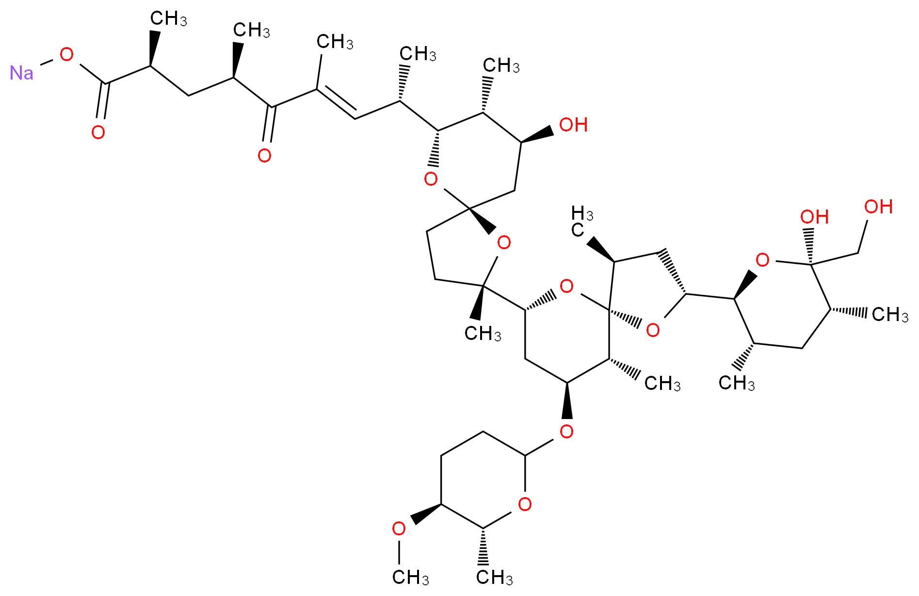 sodium (2S,4R,6E,8S)-8-[(2S,5R,7R,8R,9S)-9-hydroxy-2-[(2R,4S,5S,7R,9S,10R)-2-[(2S,3S,5R,6R)-6-hydroxy-6-(hydroxymethyl)-3,5-dimethyloxan-2-yl]-9-{[(5S,6R)-5-methoxy-6-methyloxan-2-yl]oxy}-4,10-dimethyl-1,6-dioxaspiro[4.5]decan-7-yl]-2,8-dimethyl-1,6-dioxaspiro[4.5]decan-7-yl]-2,4,6-trimethyl-5-oxonon-6-enoate_分子结构_CAS_65101-87-3
