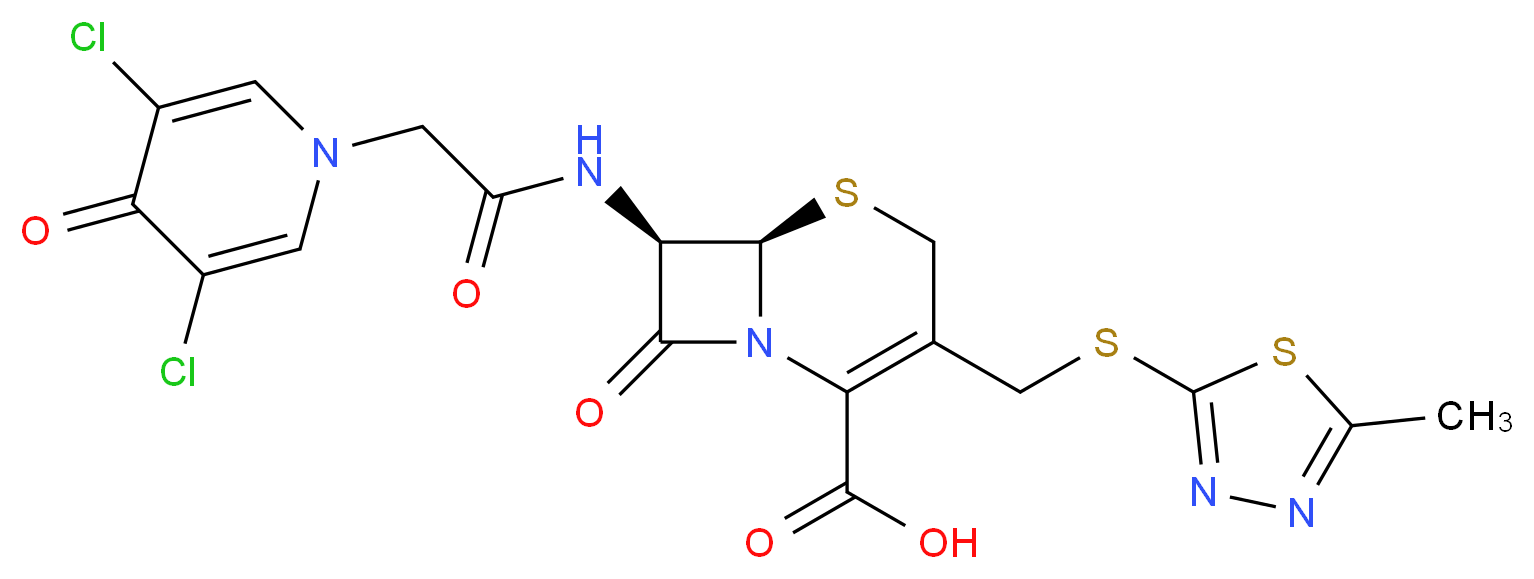 (6R,7R)-7-[2-(3,5-dichloro-4-oxo-1,4-dihydropyridin-1-yl)acetamido]-3-{[(5-methyl-1,3,4-thiadiazol-2-yl)sulfanyl]methyl}-8-oxo-5-thia-1-azabicyclo[4.2.0]oct-2-ene-2-carboxylic acid_分子结构_CAS_56187-47-4