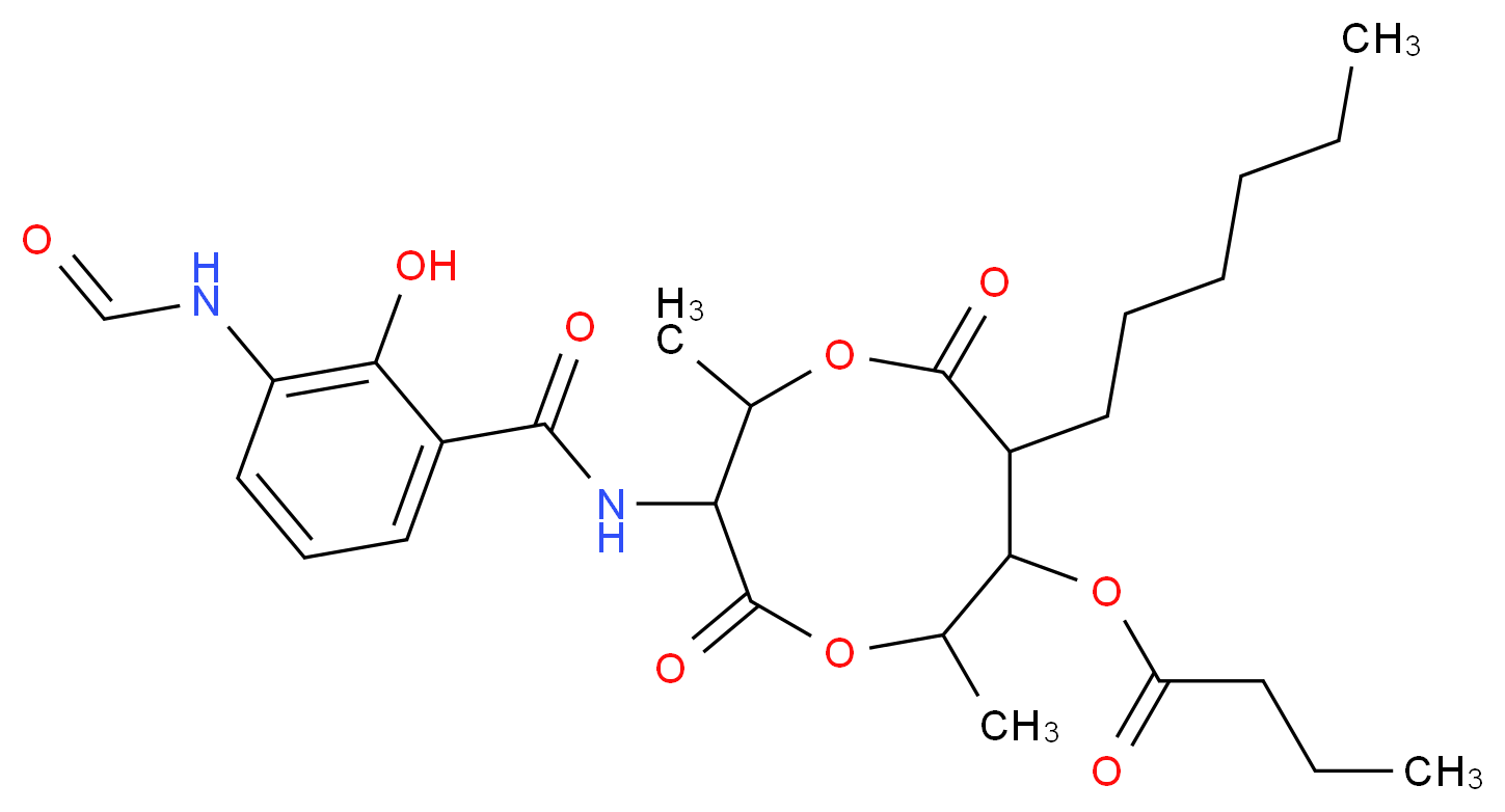 3-(3-formamido-2-hydroxybenzamido)-8-hexyl-2,6-dimethyl-4,9-dioxo-1,5-dioxonan-7-yl butanoate_分子结构_CAS_27220-57-1