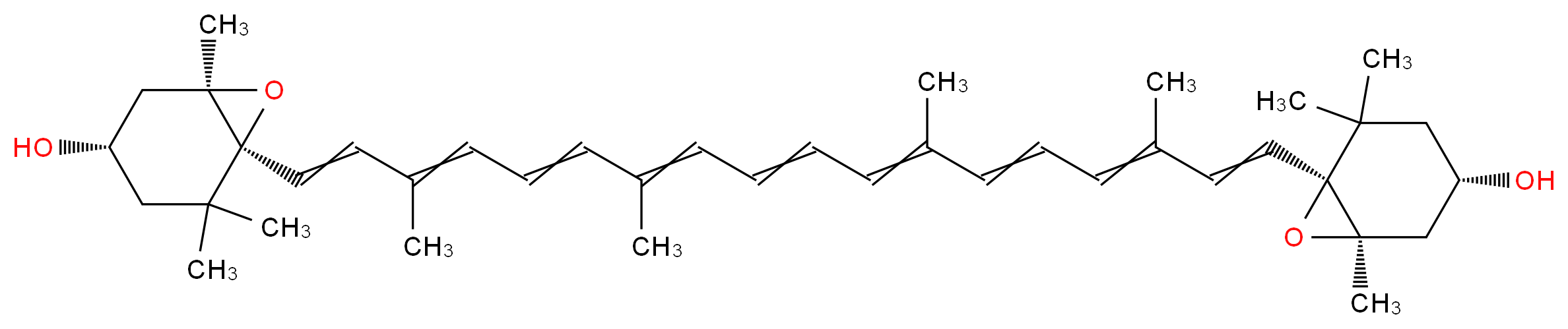 (1R,3S,6S)-6-{18-[(1S,4S,6R)-4-hydroxy-2,2,6-trimethyl-7-oxabicyclo[4.1.0]heptan-1-yl]-3,7,12,16-tetramethyloctadeca-1,3,5,7,9,11,13,15,17-nonaen-1-yl}-1,5,5-trimethyl-7-oxabicyclo[4.1.0]heptan-3-ol_分子结构_CAS_126-29-4