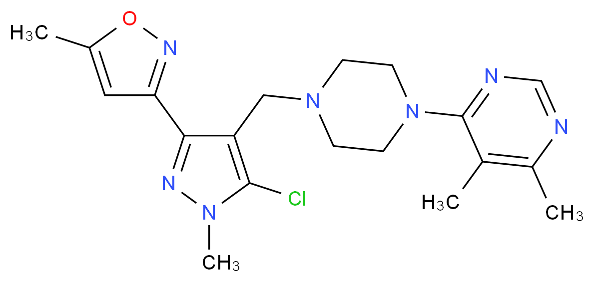 4-(4-{[5-chloro-1-methyl-3-(5-methylisoxazol-3-yl)-1H-pyrazol-4-yl]methyl}piperazin-1-yl)-5,6-dimethylpyrimidine_分子结构_CAS_)