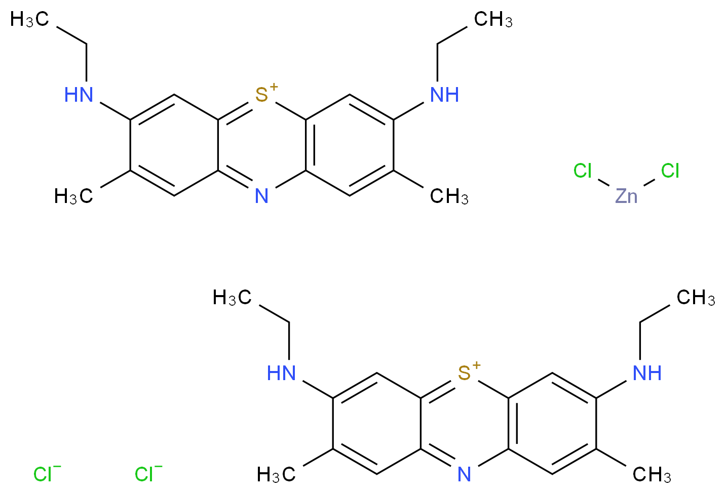 bis(3,7-bis(ethylamino)-2,8-dimethyl-5λ<sup>4</sup>,10-phenothiazin-5-ylium) dichlorozinc dichloride_分子结构_CAS_6586-05-6