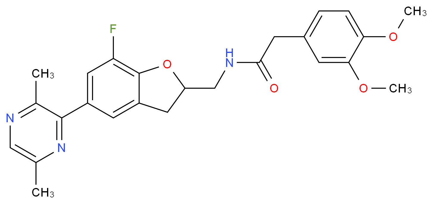 2-(3,4-dimethoxyphenyl)-N-{[5-(3,6-dimethyl-2-pyrazinyl)-7-fluoro-2,3-dihydro-1-benzofuran-2-yl]methyl}acetamide_分子结构_CAS_)