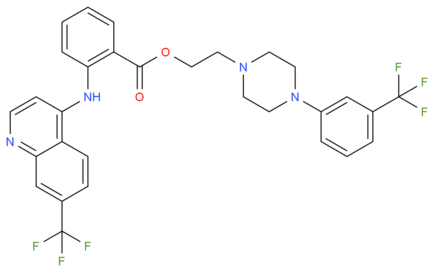 2-{4-[3-(trifluoromethyl)phenyl]piperazin-1-yl}ethyl 2-{[7-(trifluoromethyl)quinolin-4-yl]amino}benzoate_分子结构_CAS_55300-30-6