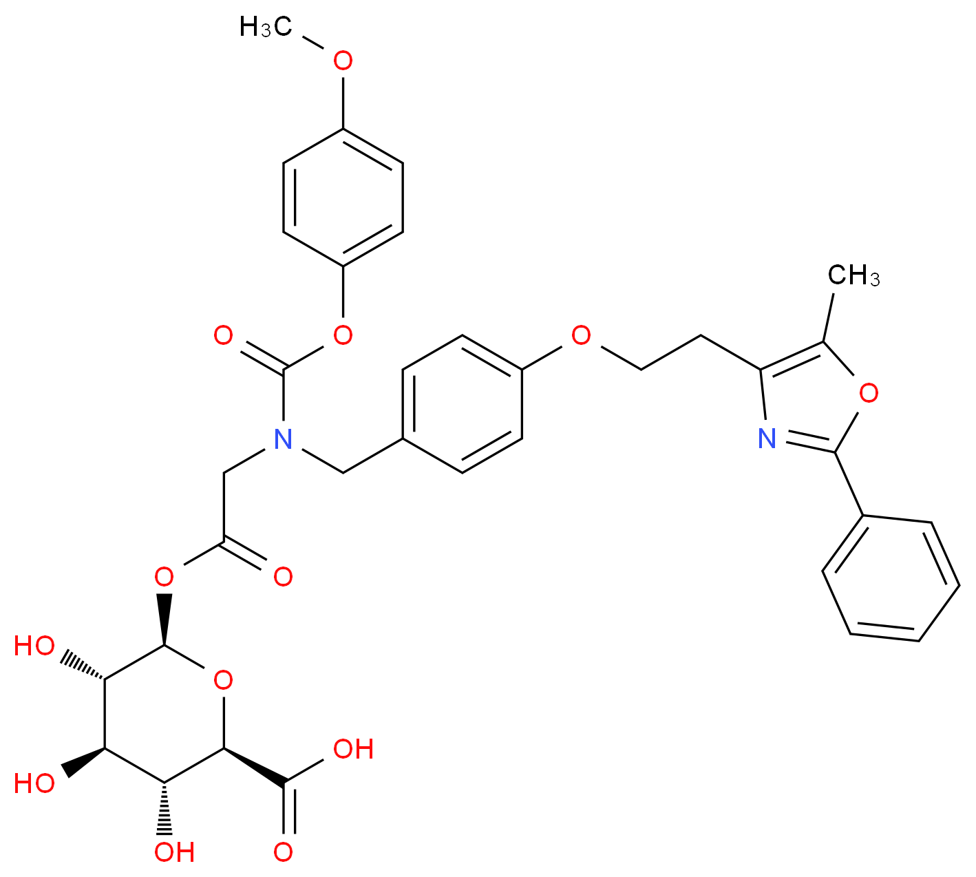 (2R,3R,4R,5S,6R)-3,4,5-trihydroxy-6-({2-[(4-methoxyphenoxycarbonyl)({4-[2-(5-methyl-2-phenyl-1,3-oxazol-4-yl)ethoxy]phenyl}methyl)amino]acetyl}oxy)oxane-2-carboxylic acid_分子结构_CAS_875430-26-5