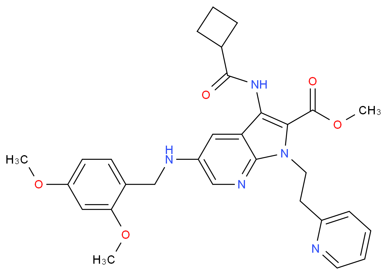 methyl 3-[(cyclobutylcarbonyl)amino]-5-[(2,4-dimethoxybenzyl)amino]-1-[2-(2-pyridinyl)ethyl]-1H-pyrrolo[2,3-b]pyridine-2-carboxylate_分子结构_CAS_)