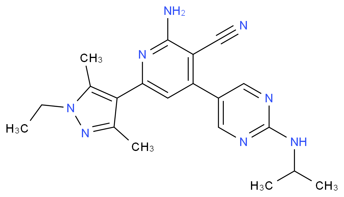 2-amino-6-(1-ethyl-3,5-dimethyl-1H-pyrazol-4-yl)-4-[2-(isopropylamino)pyrimidin-5-yl]nicotinonitrile_分子结构_CAS_)