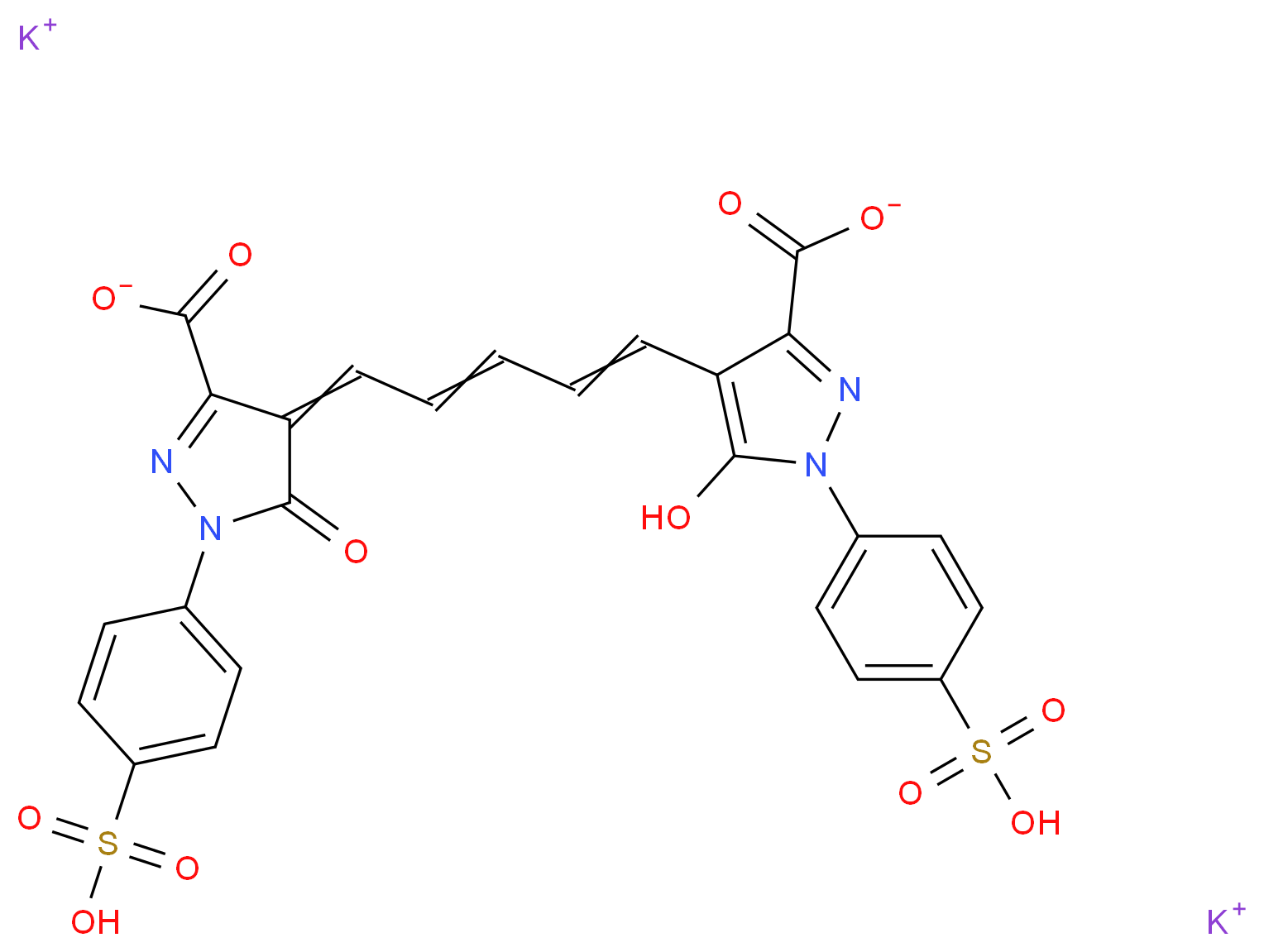 dipotassium 4-{5-[3-carboxylato-5-oxo-1-(4-sulfophenyl)-4,5-dihydro-1H-pyrazol-4-ylidene]penta-1,3-dien-1-yl}-5-hydroxy-1-(4-sulfophenyl)-1H-pyrazole-3-carboxylate_分子结构_CAS_51858-17-4
