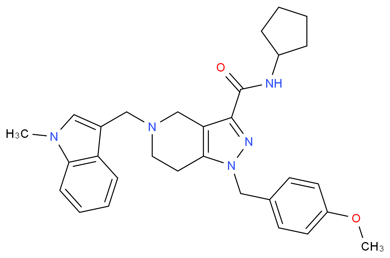 N-cyclopentyl-1-(4-methoxybenzyl)-5-[(1-methyl-1H-indol-3-yl)methyl]-4,5,6,7-tetrahydro-1H-pyrazolo[4,3-c]pyridine-3-carboxamide_分子结构_CAS_)