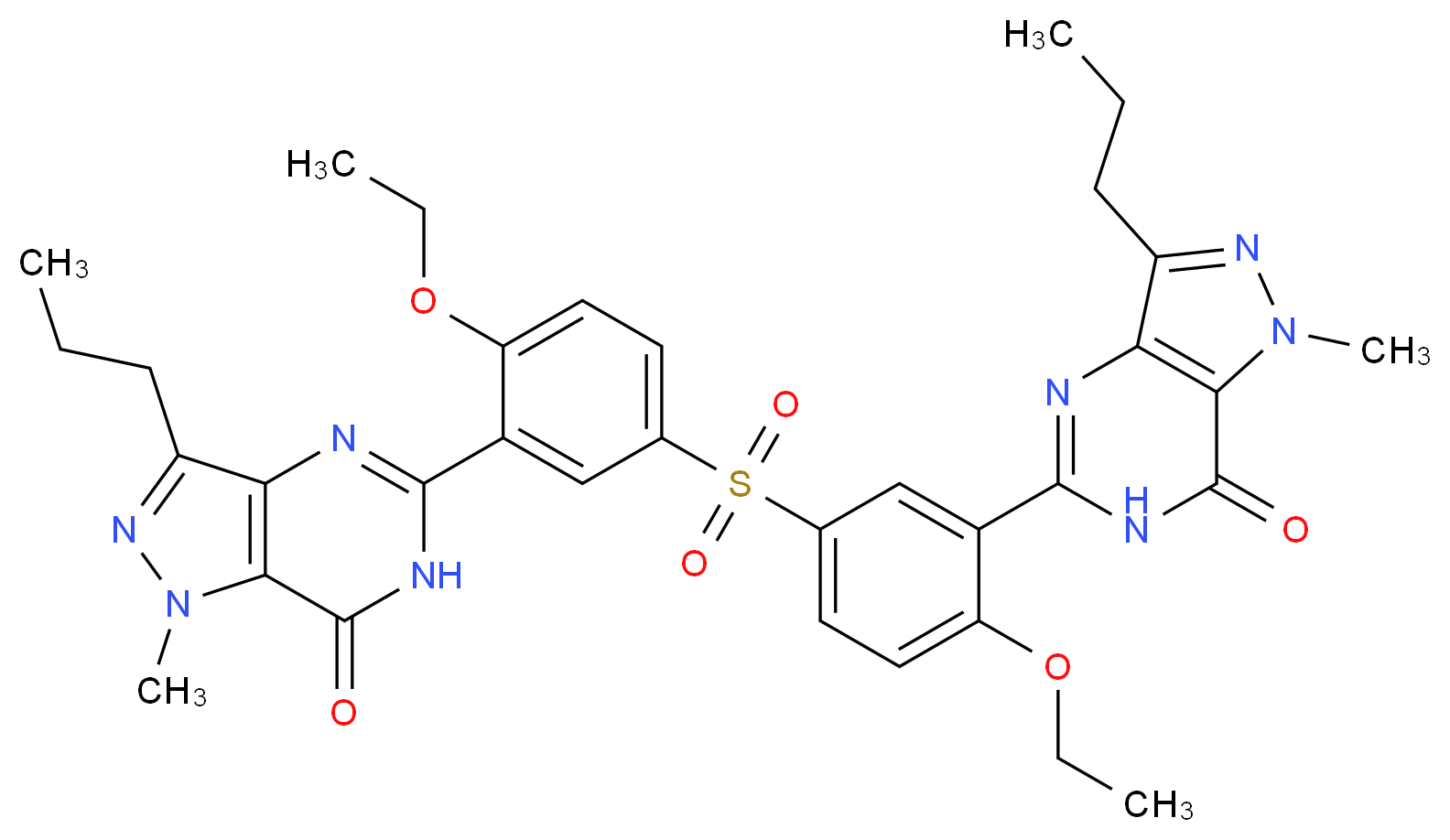 5-[2-ethoxy-5-(4-ethoxy-3-{1-methyl-7-oxo-3-propyl-1H,6H,7H-pyrazolo[4,3-d]pyrimidin-5-yl}benzenesulfonyl)phenyl]-1-methyl-3-propyl-1H,6H,7H-pyrazolo[4,3-d]pyrimidin-7-one_分子结构_CAS_1346603-48-2