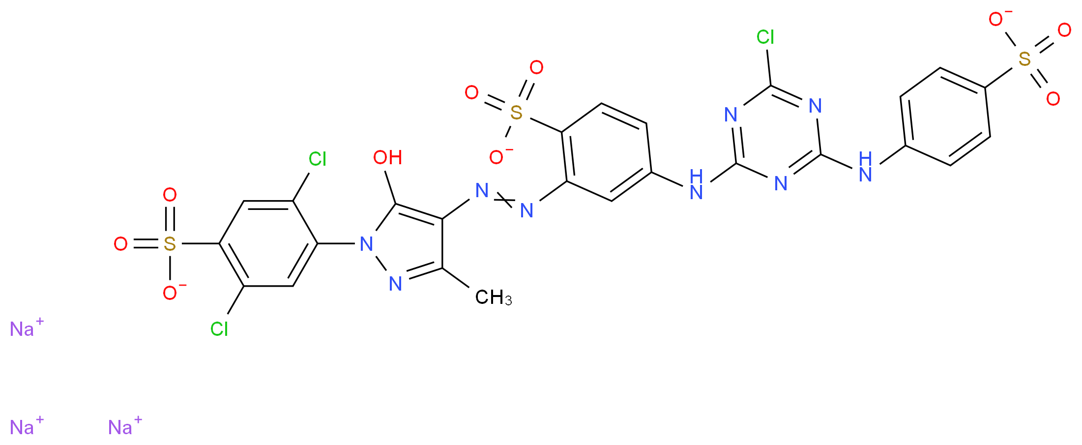 trisodium 2,5-dichloro-4-(4-{2-[5-({4-chloro-6-[(4-sulfonatophenyl)amino]-1,3,5-triazin-2-yl}amino)-2-sulfonatophenyl]diazen-1-yl}-5-hydroxy-3-methyl-1H-pyrazol-1-yl)benzene-1-sulfonate_分子结构_CAS_50662-99-2