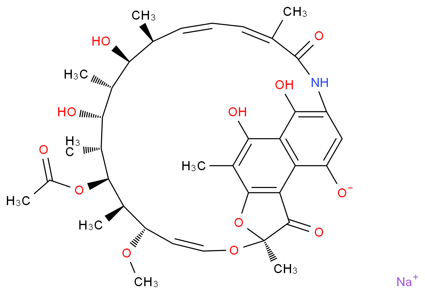 sodium (7S,9Z,11S,12R,13S,14R,15R,16R,17S,18S,19Z,21Z)-13-(acetyloxy)-2,15,17,29-tetrahydroxy-11-methoxy-3,7,12,14,16,18,22-heptamethyl-6,23-dioxo-8,30-dioxa-24-azatetracyclo[23.3.1.1<sup>4</sup>,<sup>7</sup>.0<sup>5</sup>,<sup>2</sup><sup>8</sup>]triaconta-1(28),2,4,9,19,21,25(29),26-octaen-27-olate_分子结构_CAS_14897-39-3