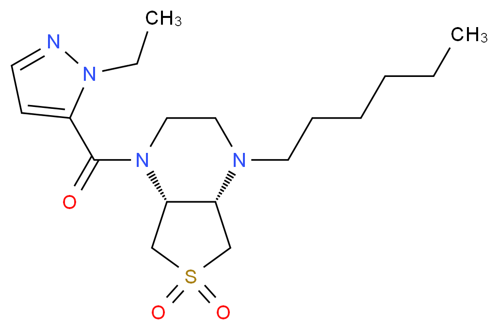 (4aS*,7aR*)-1-[(1-ethyl-1H-pyrazol-5-yl)carbonyl]-4-hexyloctahydrothieno[3,4-b]pyrazine 6,6-dioxide_分子结构_CAS_)