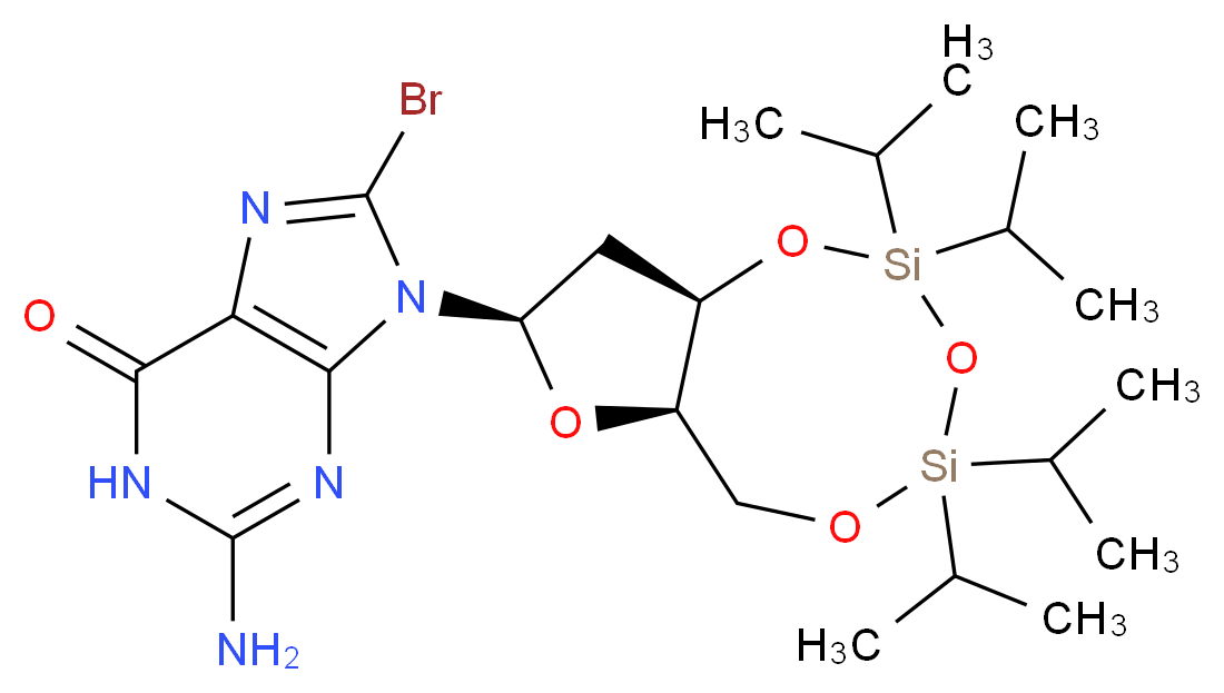 9-[(6aR,8R,9aR)-2,2,4,4-tetrakis(propan-2-yl)-hexahydro-2H-furo[3,2-f][1,3,5,2,4]trioxadisilocin-8-yl]-2-amino-8-bromo-6,9-dihydro-1H-purin-6-one_分子结构_CAS_769141-88-0