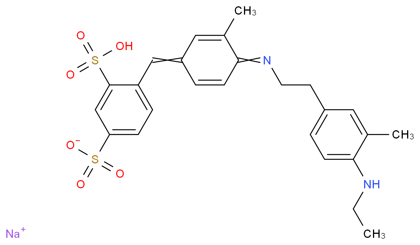 sodium 4-{[4-({2-[4-(ethylamino)-3-methylphenyl]ethyl}imino)-3-methylcyclohexa-2,5-dien-1-ylidene]methyl}-3-sulfobenzene-1-sulfonate_分子结构_CAS_2650-17-1