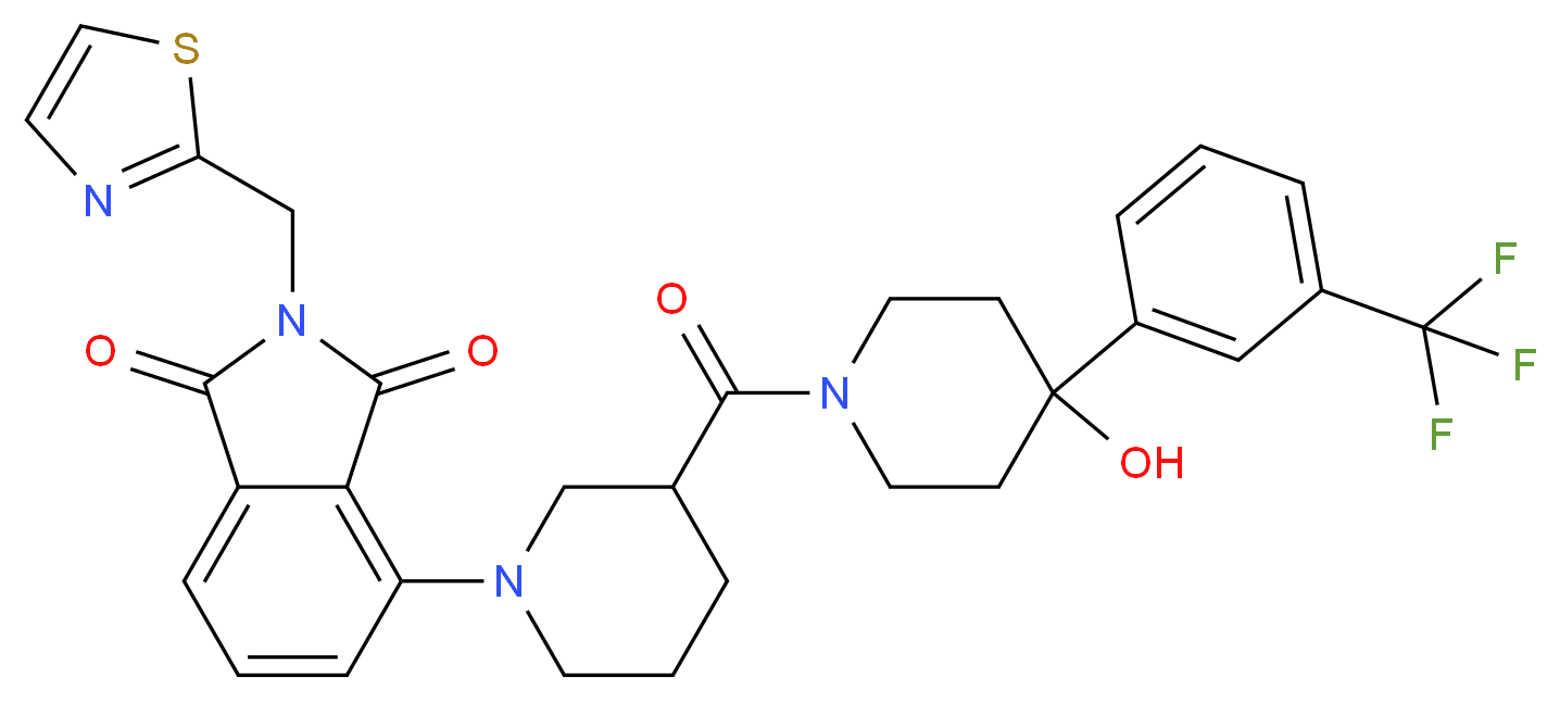 4-[3-({4-hydroxy-4-[3-(trifluoromethyl)phenyl]-1-piperidinyl}carbonyl)-1-piperidinyl]-2-(1,3-thiazol-2-ylmethyl)-1H-isoindole-1,3(2H)-dione_分子结构_CAS_)
