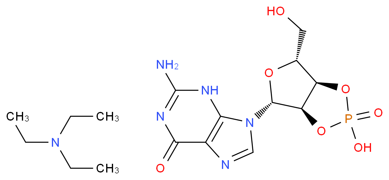 9-[(3aR,4R,6R,6aR)-2-hydroxy-6-(hydroxymethyl)-2-oxo-tetrahydro-2H-1,3,5,2λ<sup>5</sup>-furo[3,4-d][1,3,2λ<sup>5</sup>]dioxaphosphol-4-yl]-2-amino-6,9-dihydro-3H-purin-6-one; triethylamine_分子结构_CAS_73647-09-3