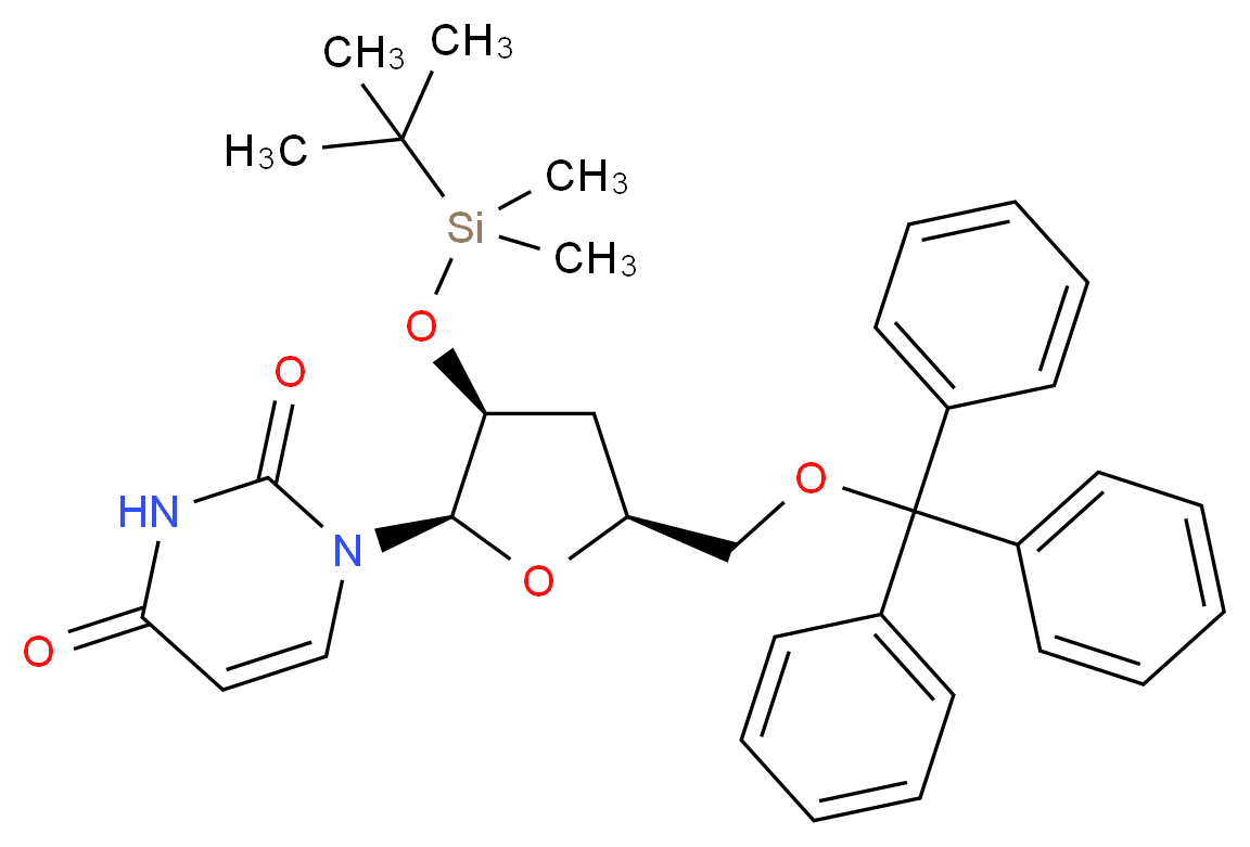 1-[(2R,3S,5S)-3-[(tert-butyldimethylsilyl)oxy]-5-[(triphenylmethoxy)methyl]oxolan-2-yl]-1,2,3,4-tetrahydropyrimidine-2,4-dione_分子结构_CAS_130860-12-7