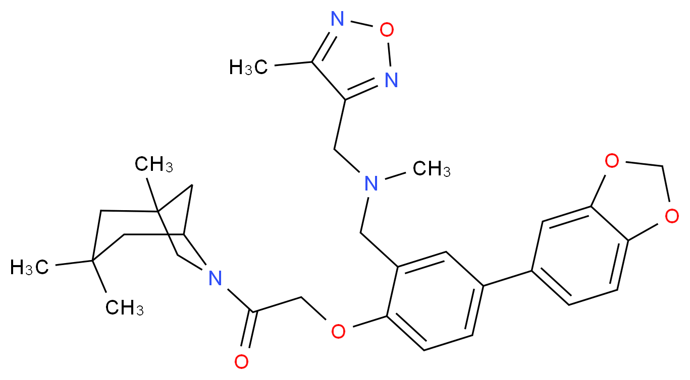 1-{5-(1,3-benzodioxol-5-yl)-2-[2-oxo-2-(1,3,3-trimethyl-6-azabicyclo[3.2.1]oct-6-yl)ethoxy]phenyl}-N-methyl-N-[(4-methyl-1,2,5-oxadiazol-3-yl)methyl]methanamine_分子结构_CAS_)