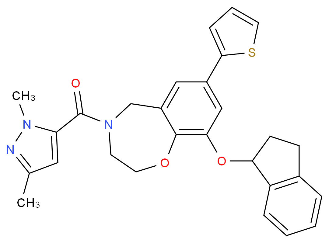 9-(2,3-dihydro-1H-inden-1-yloxy)-4-[(1,3-dimethyl-1H-pyrazol-5-yl)carbonyl]-7-(2-thienyl)-2,3,4,5-tetrahydro-1,4-benzoxazepine_分子结构_CAS_)