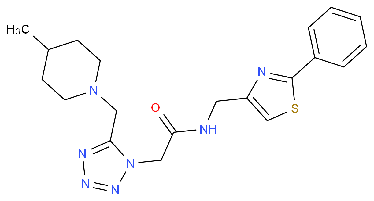 2-{5-[(4-methyl-1-piperidinyl)methyl]-1H-tetrazol-1-yl}-N-[(2-phenyl-1,3-thiazol-4-yl)methyl]acetamide_分子结构_CAS_)