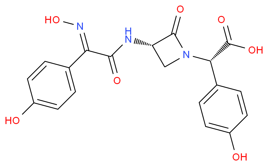 (2S)-2-[(3S)-3-[(2E)-2-(N-hydroxyimino)-2-(4-hydroxyphenyl)acetamido]-2-oxoazetidin-1-yl]-2-(4-hydroxyphenyl)acetic acid_分子结构_CAS_63598-46-9