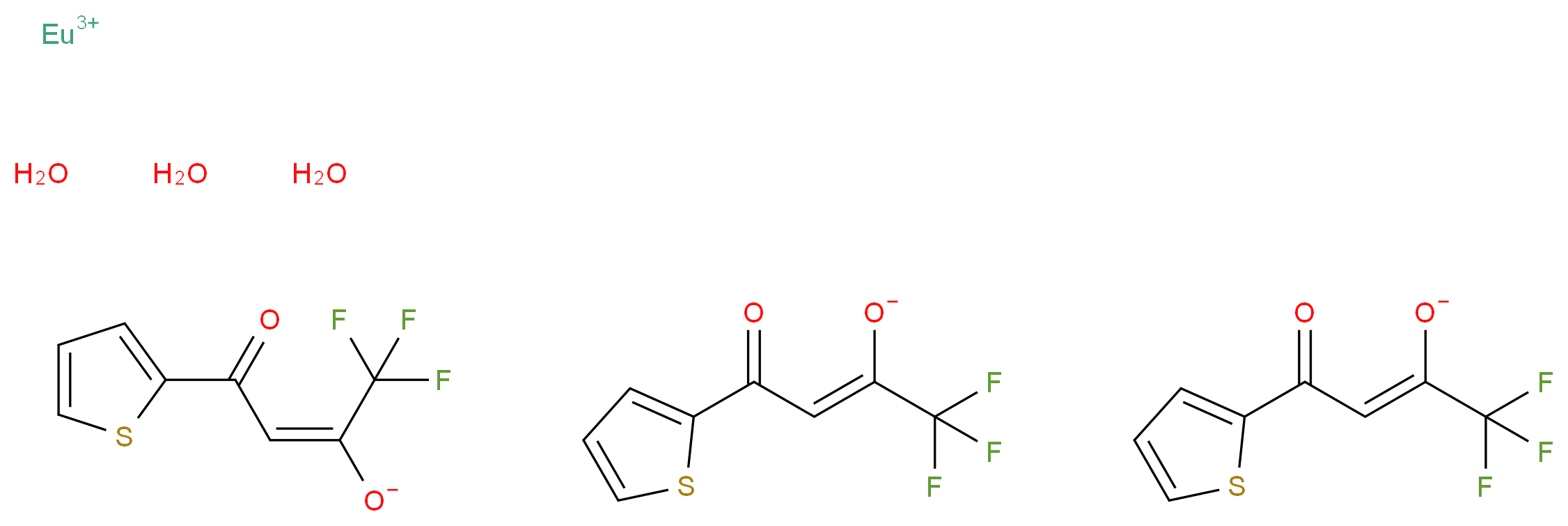 europium(3+) ion (2E)-1,1,1-trifluoro-4-oxo-4-(thiophen-2-yl)but-2-en-2-olate bis((2Z)-1,1,1-trifluoro-4-oxo-4-(thiophen-2-yl)but-2-en-2-olate) trihydrate_分子结构_CAS_14054-87-6