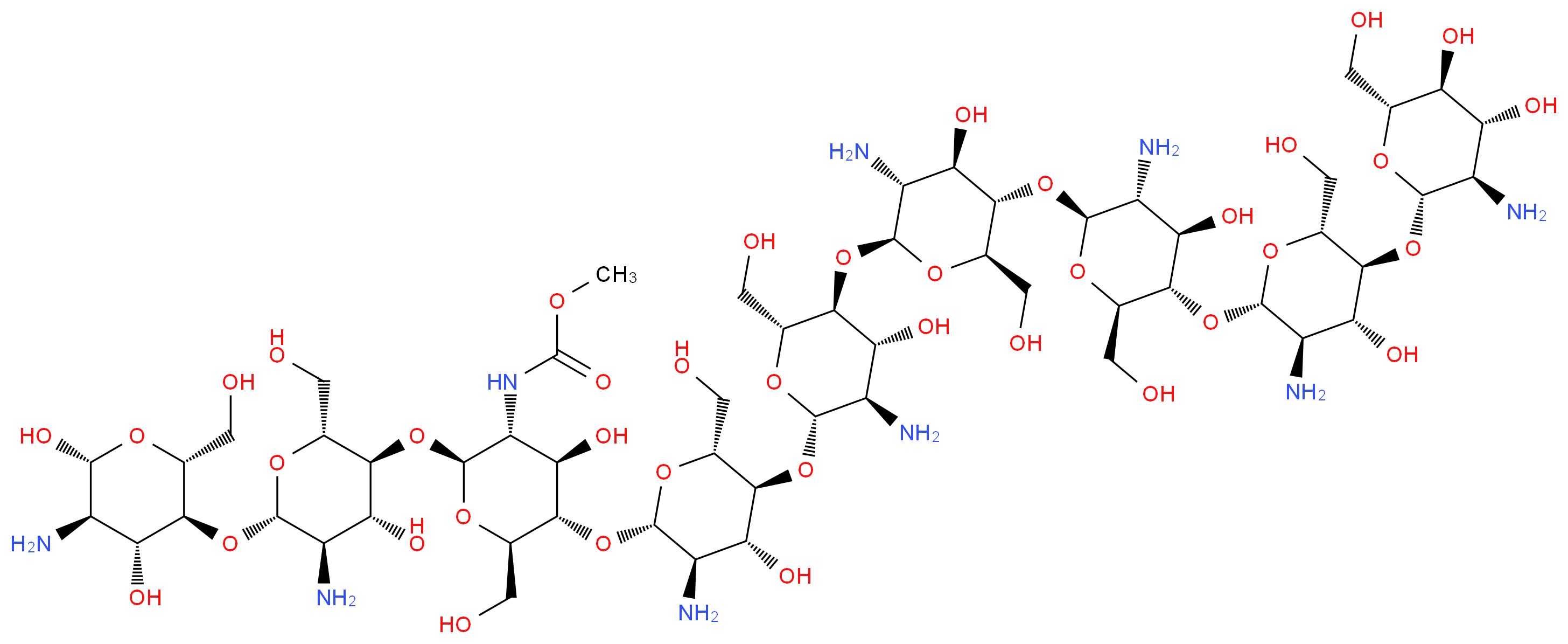 methyl N-[(2S,3R,4R,5S,6R)-5-{[(2S,3R,4R,5S,6R)-3-amino-5-{[(2S,3R,4R,5S,6R)-3-amino-5-{[(2S,3R,4R,5S,6R)-3-amino-5-{[(2S,3R,4R,5S,6R)-3-amino-5-{[(2S,3R,4R,5S,6R)-3-amino-5-{[(2S,3R,4R,5S,6R)-3-amino-4,5-dihydroxy-6-(hydroxymethyl)oxan-2-yl]oxy}-4-hydroxy-6-(hydroxymethyl)oxan-2-yl]oxy}-4-hydroxy-6-(hydroxymethyl)oxan-2-yl]oxy}-4-hydroxy-6-(hydroxymethyl)oxan-2-yl]oxy}-4-hydroxy-6-(hydroxymethyl)oxan-2-yl]oxy}-4-hydroxy-6-(hydroxymethyl)oxan-2-yl]oxy}-2-{[(2R,3S,4R,5R,6S)-5-amino-6-{[(2R,3S,4R,5R,6R)-5-amino-4,6-dihydroxy-2-(hydroxymethyl)oxan-3-yl]oxy}-4-hydroxy-2-(hydroxymethyl)oxan-3-yl]oxy}-4-hydroxy-6-(hydroxymethyl)oxan-3-yl]carbamate_分子结构_CAS_9012-76-4