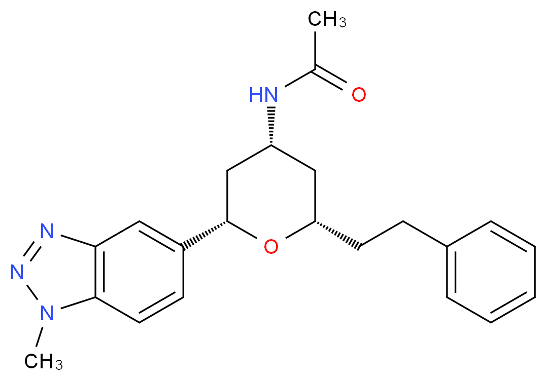 N-[(2S*,4R*,6S*)-2-(1-methyl-1H-1,2,3-benzotriazol-5-yl)-6-(2-phenylethyl)tetrahydro-2H-pyran-4-yl]acetamide_分子结构_CAS_)