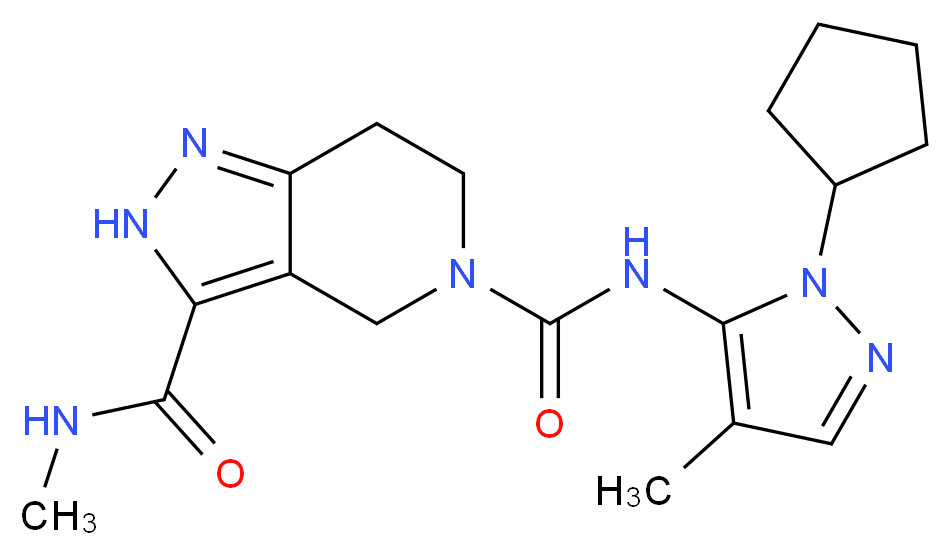 N~5~-(1-cyclopentyl-4-methyl-1H-pyrazol-5-yl)-N~3~-methyl-2,4,6,7-tetrahydro-5H-pyrazolo[4,3-c]pyridine-3,5-dicarboxamide_分子结构_CAS_)