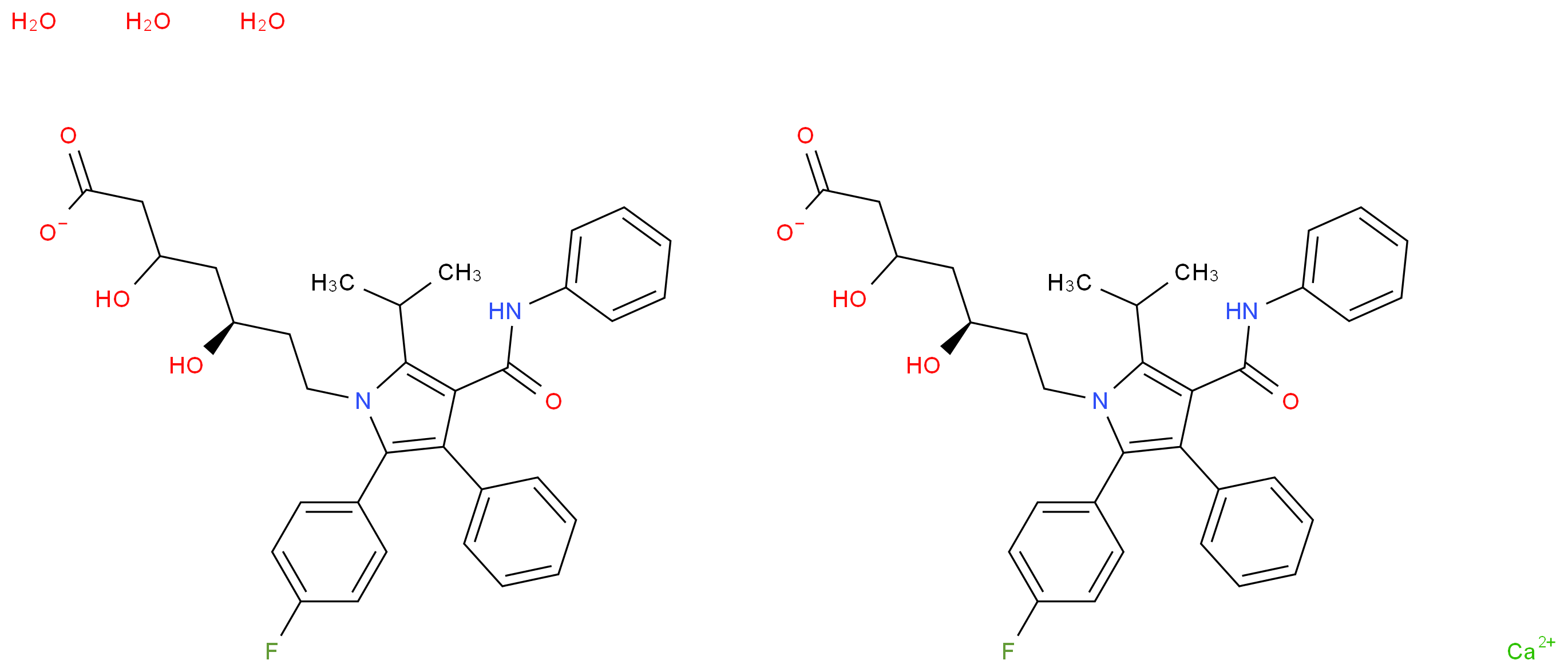 calcium bis((5R)-7-[2-(4-fluorophenyl)-3-phenyl-4-(phenylcarbamoyl)-5-(propan-2-yl)-1H-pyrrol-1-yl]-3,5-dihydroxyheptanoate) trihydrate_分子结构_CAS_134523-03-8