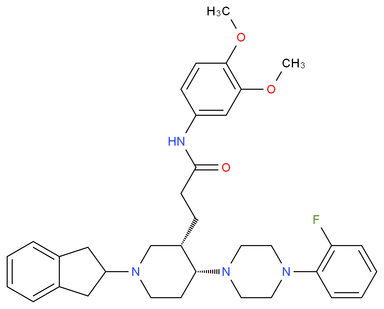 3-{(3S*,4R*)-1-(2,3-dihydro-1H-inden-2-yl)-4-[4-(2-fluorophenyl)-1-piperazinyl]-3-piperidinyl}-N-(3,4-dimethoxyphenyl)propanamide_分子结构_CAS_)