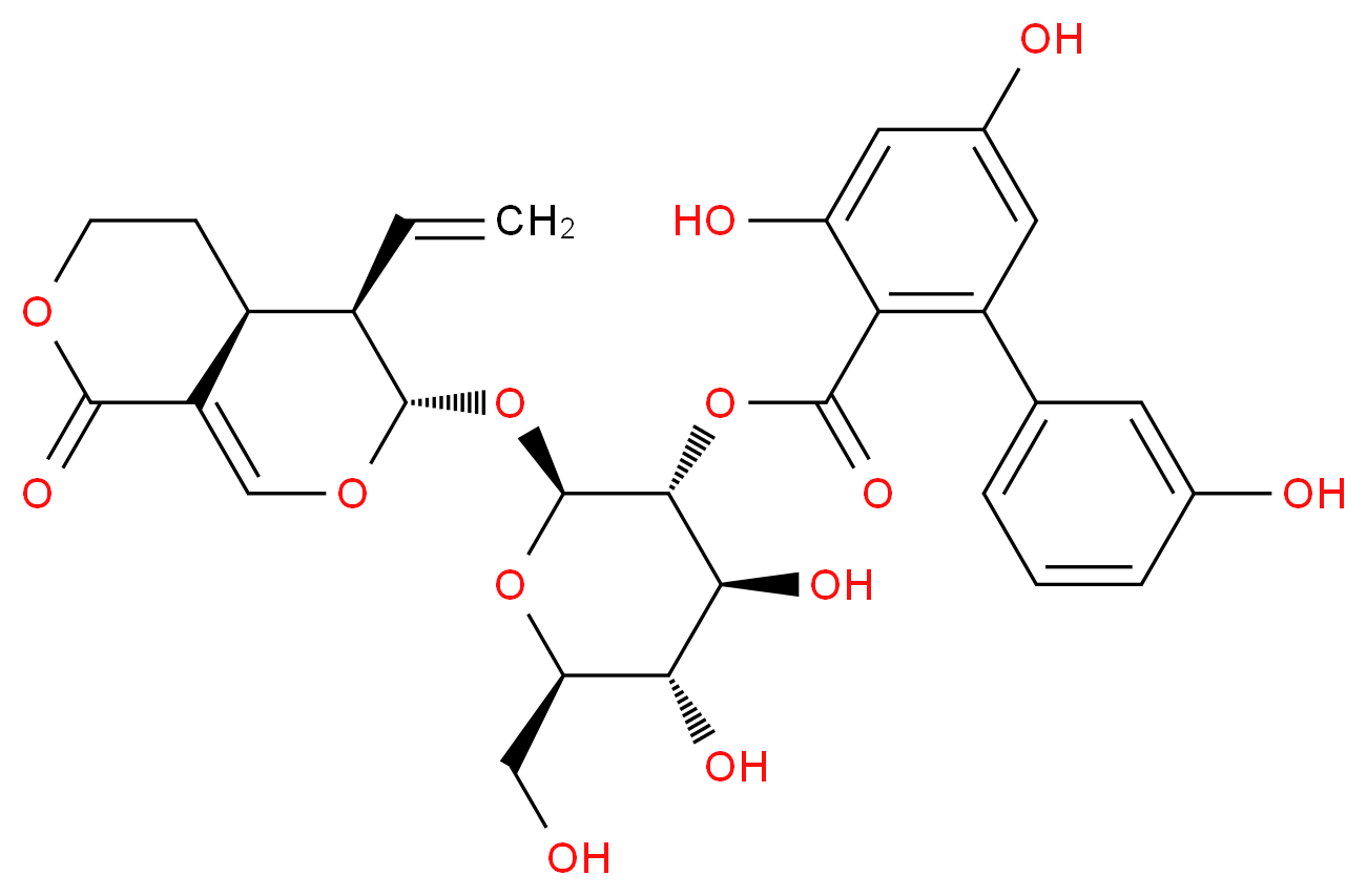 (2S,3R,4S,5S,6R)-2-{[(3S,4R,4aS)-4-ethenyl-8-oxo-3H,4H,4aH,5H,6H,8H-pyrano[3,4-c]pyran-3-yl]oxy}-4,5-dihydroxy-6-(hydroxymethyl)oxan-3-yl 2,4-dihydroxy-6-(3-hydroxyphenyl)benzoate_分子结构_CAS_21018-84-8