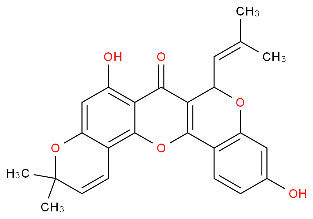 11,19-dihydroxy-7,7-dimethyl-15-(2-methylprop-1-en-1-yl)-2,8,16-trioxapentacyclo[12.8.0.0<sup>3</sup>,<sup>1</sup><sup>2</sup>.0<sup>4</sup>,<sup>9</sup>.0<sup>1</sup><sup>7</sup>,<sup>2</sup><sup>2</sup>]docosa-1(14),3,5,9,11,17(22),18,20-octaen-13-one_分子结构_CAS_62596-34-3