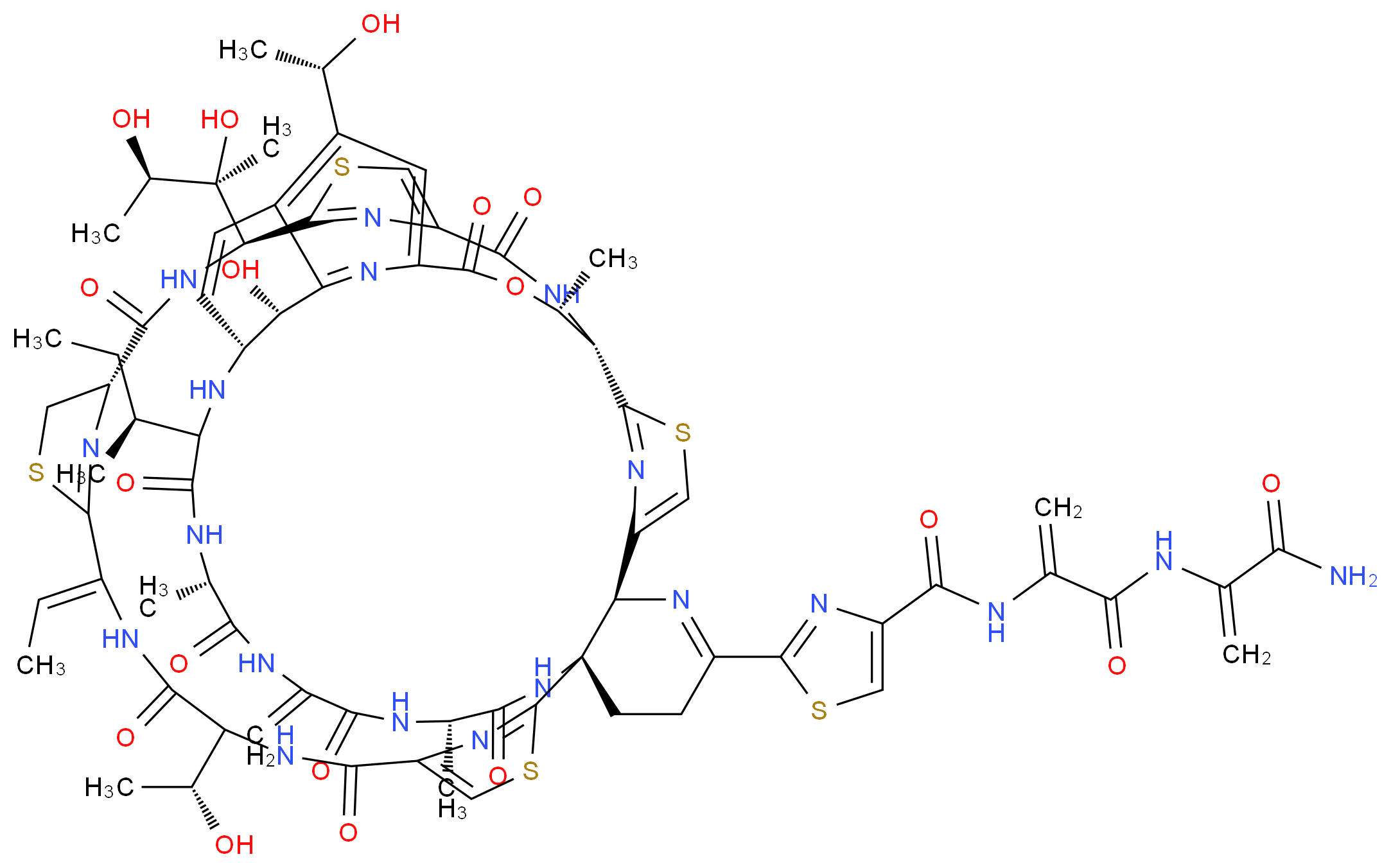 2-({2-[(1R,11Z,15S,18S,25S,26R,35R,40S,46S,53S,59S)-37-[(2S)-butan-2-yl]-18-[(2S,3R)-2,3-dihydroxybutan-2-yl]-11-ethylidene-59-hydroxy-8-[(1R)-1-hydroxyethyl]-60-[(1S)-1-hydroxyethyl]-26,40,46-trimethyl-43-methylidene-6,9,16,23,28,38,41,44,47-nonaoxo-27-oxa-3,13,20,56-tetrathia-7,10,17,24,30,36,39,42,45,48,52,58,62,63,64-pentadecaazanonacyclo[23.23.9.2<sup>2</sup><sup>9</sup>,<sup>3</sup><sup>2</sup>.1<sup>2</sup>,<sup>5</sup>.1<sup>1</sup><sup>2</sup>,<sup>1</sup><sup>5</sup>.1<sup>1</sup><sup>9</sup>,<sup>2</sup><sup>2</sup>.1<sup>3</sup><sup>1</sup>,<sup>3</sup><sup>5</sup>.1<sup>5</sup><sup>4</sup>,<sup>5</sup><sup>7</sup>.0<sup>1</sup>,<sup>5</sup><sup>3</sup>]tetrahexaconta-2(64),4,12(63),19(62),21,29(61),30,32(60),33,51,54,57-dodecaen-51-yl]-1,3-thiazol-4-yl}formamido)-N-(1-carbamoyleth-1-en-1-yl)prop-2-enamide_分子结构_CAS_1393-48-2