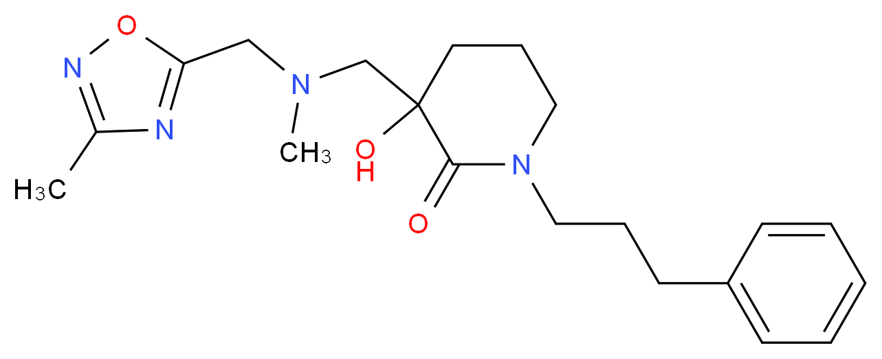 3-hydroxy-3-({methyl[(3-methyl-1,2,4-oxadiazol-5-yl)methyl]amino}methyl)-1-(3-phenylpropyl)piperidin-2-one_分子结构_CAS_)
