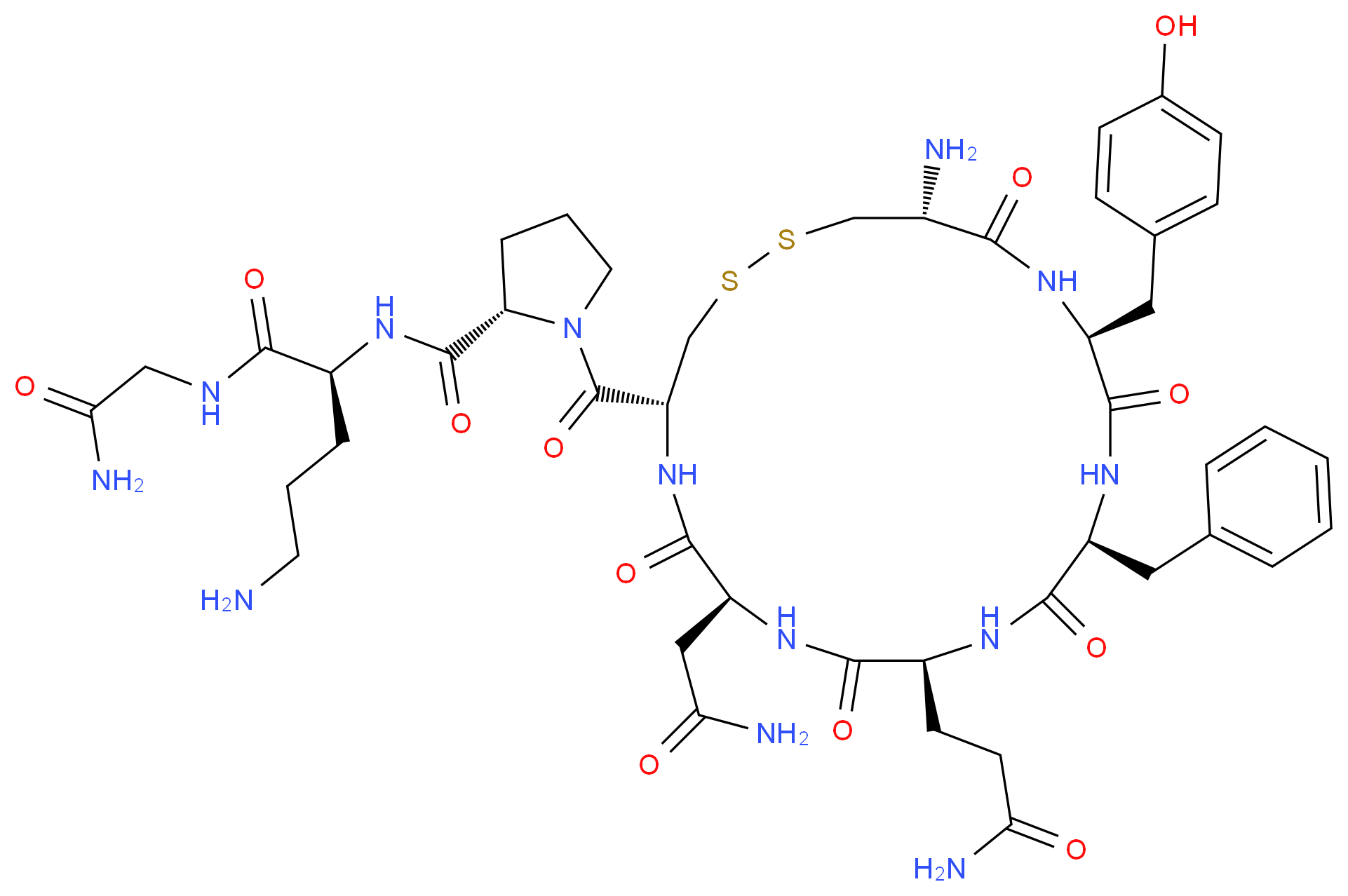 (2S)-5-amino-2-{[(2S)-1-[(4R,7S,10S,13S,16S,19R)-19-amino-13-benzyl-10-(2-carbamoylethyl)-7-(carbamoylmethyl)-16-[(4-hydroxyphenyl)methyl]-6,9,12,15,18-pentaoxo-1,2-dithia-5,8,11,14,17-pentaazacycloicosane-4-carbonyl]pyrrolidin-2-yl]formamido}-N-(carbamoylmethyl)pentanamide_分子结构_CAS_3397-23-7