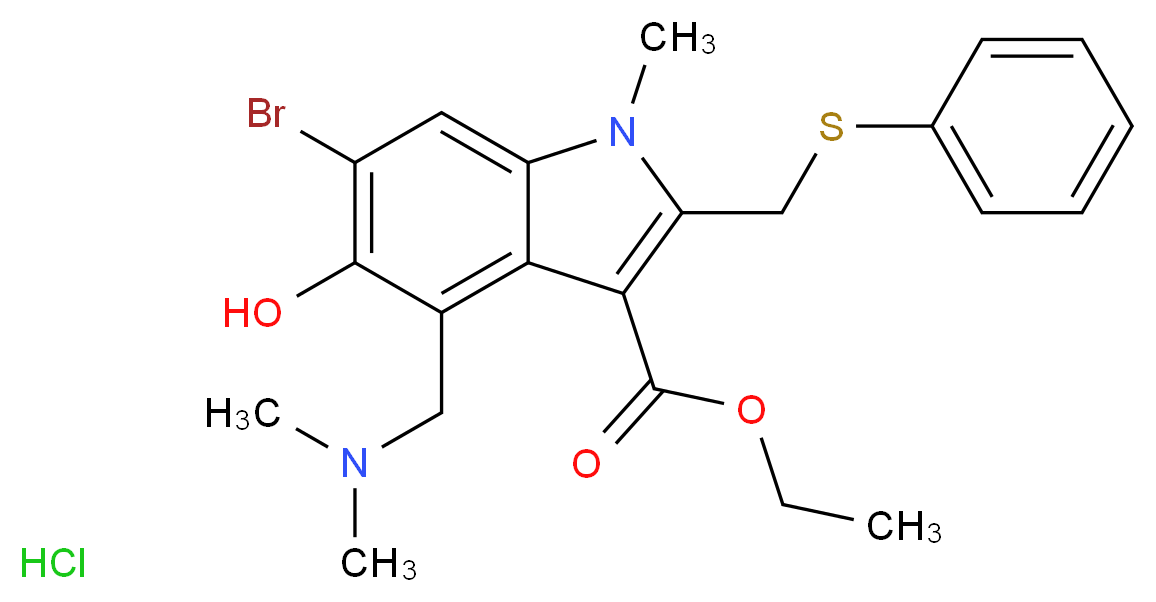 ethyl 6-bromo-4-[(dimethylamino)methyl]-5-hydroxy-1-methyl-2-[(phenylsulfanyl)methyl]-1H-indole-3-carboxylate hydrochloride_分子结构_CAS_131707-23-8