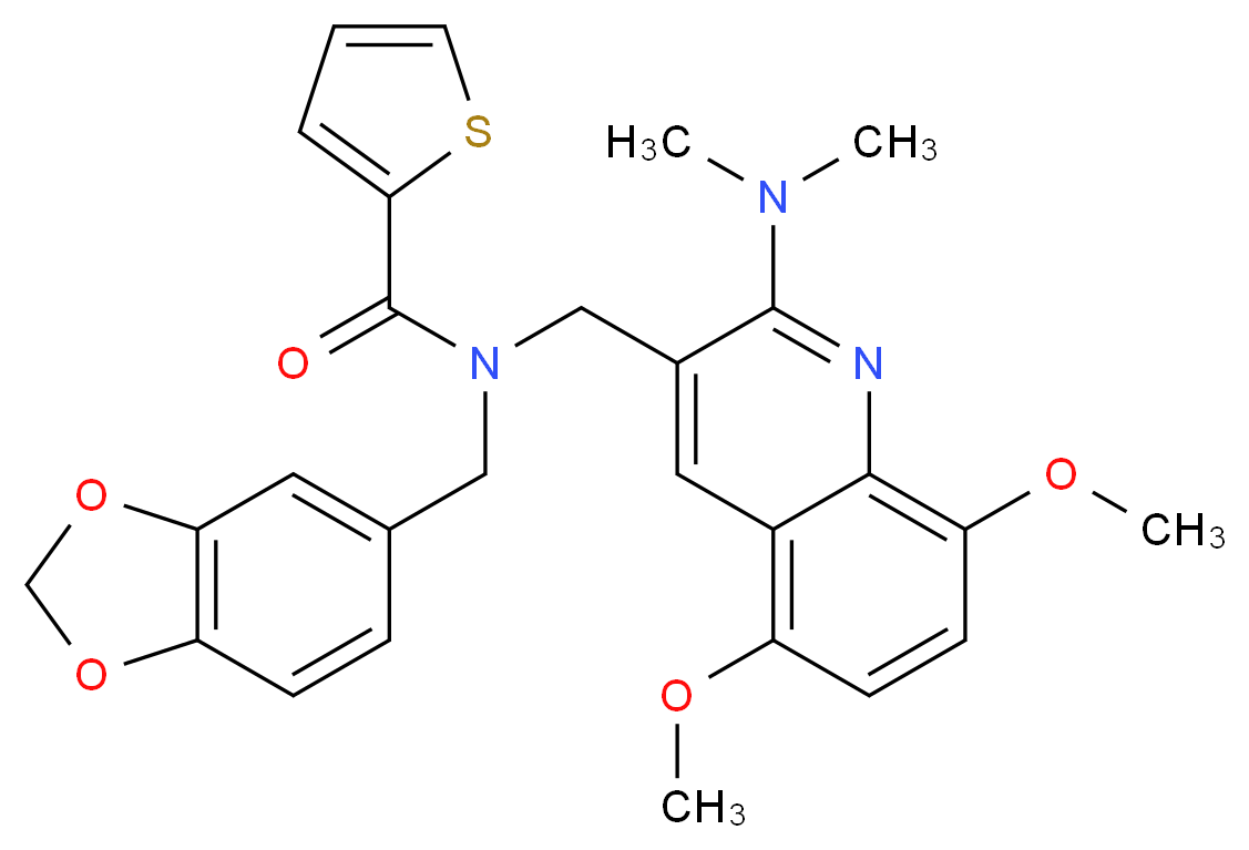 N-(1,3-benzodioxol-5-ylmethyl)-N-{[2-(dimethylamino)-5,8-dimethoxy-3-quinolinyl]methyl}-2-thiophenecarboxamide_分子结构_CAS_)