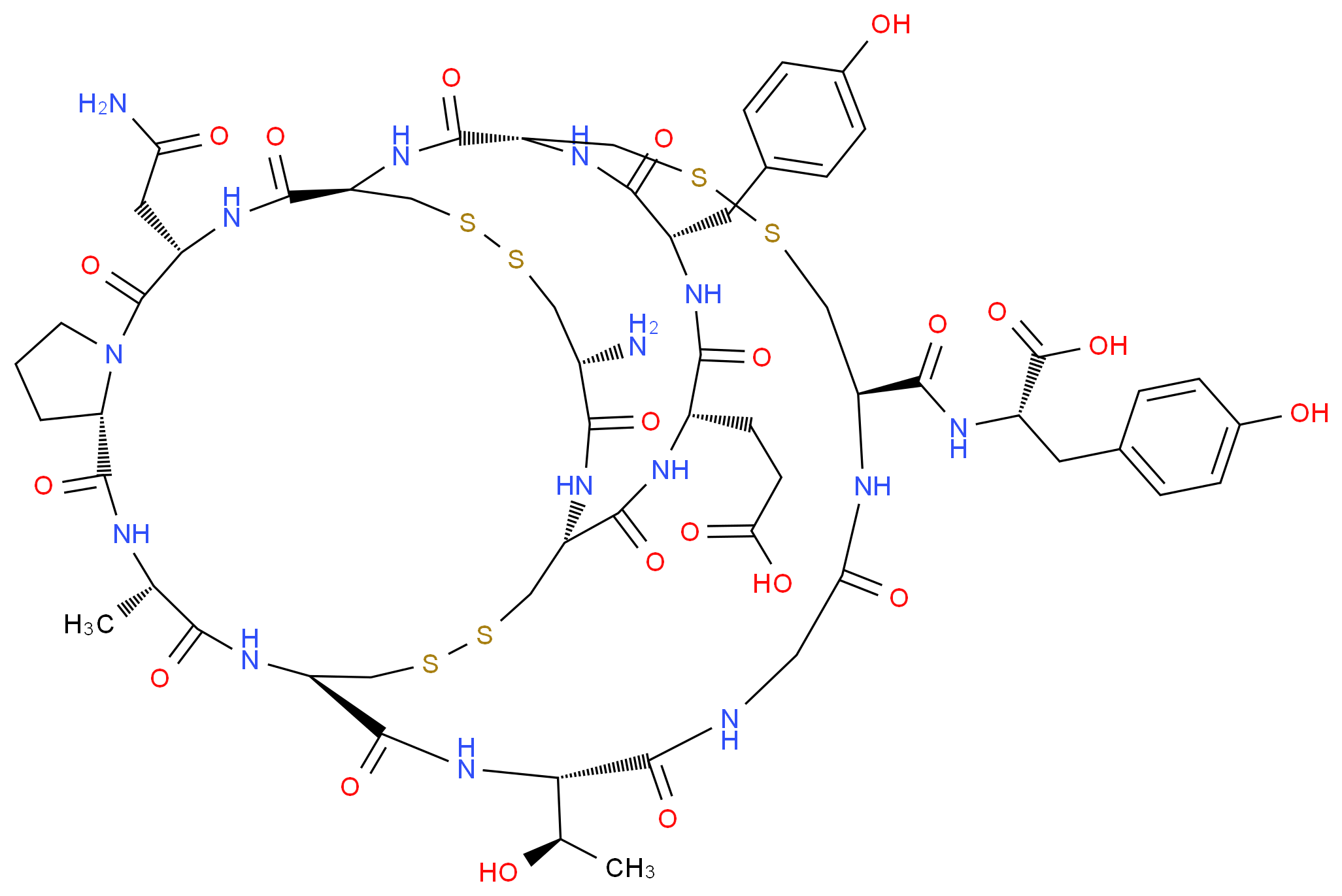 (2S)-2-{[(1R,4S,7S,13S,16R,21R,24R,27S,30S,33R,38R,44S)-21-amino-13-(carbamoylmethyl)-27-(2-carboxyethyl)-44-[(1R)-1-hydroxyethyl]-30-[(4-hydroxyphenyl)methyl]-4-methyl-3,6,12,15,22,25,28,31,40,43,46,51-dodecaoxo-18,19,35,36,48,49-hexathia-2,5,11,14,23,26,29,32,39,42,45,52-dodecaazatetracyclo[22.22.4.2<sup>1</sup><sup>6</sup>,<sup>3</sup><sup>3</sup>.0<sup>7</sup>,<sup>1</sup><sup>1</sup>]dopentacontan-38-yl]formamido}-3-(4-hydroxyphenyl)propanoic acid_分子结构_CAS_851199-59-2