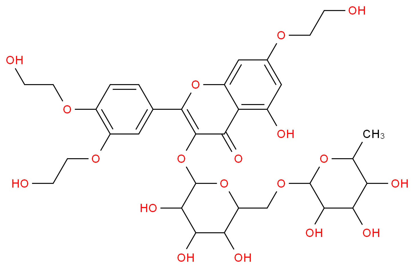 2-[3,4-bis(2-hydroxyethoxy)phenyl]-5-hydroxy-7-(2-hydroxyethoxy)-3-[(3,4,5-trihydroxy-6-{[(3,4,5-trihydroxy-6-methyloxan-2-yl)oxy]methyl}oxan-2-yl)oxy]-4H-chromen-4-one_分子结构_CAS_7085-55-4