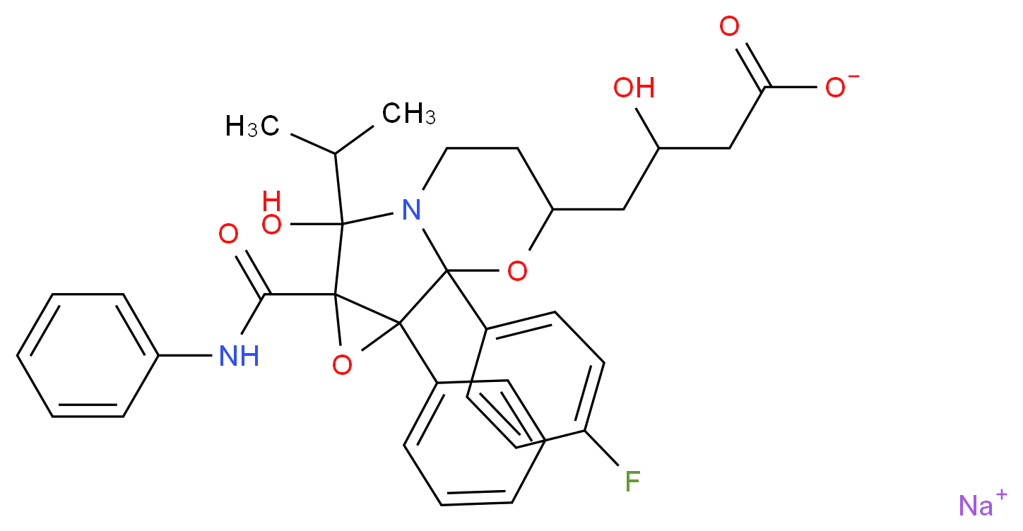 sodium 4-[1-(4-fluorophenyl)-5-hydroxy-2-phenyl-4-(phenylcarbamoyl)-5-(propan-2-yl)-3,10-dioxa-6-azatricyclo[4.4.0.0<sup>2</sup>,<sup>4</sup>]decan-9-yl]-3-hydroxybutanoate_分子结构_CAS_1315629-79-8