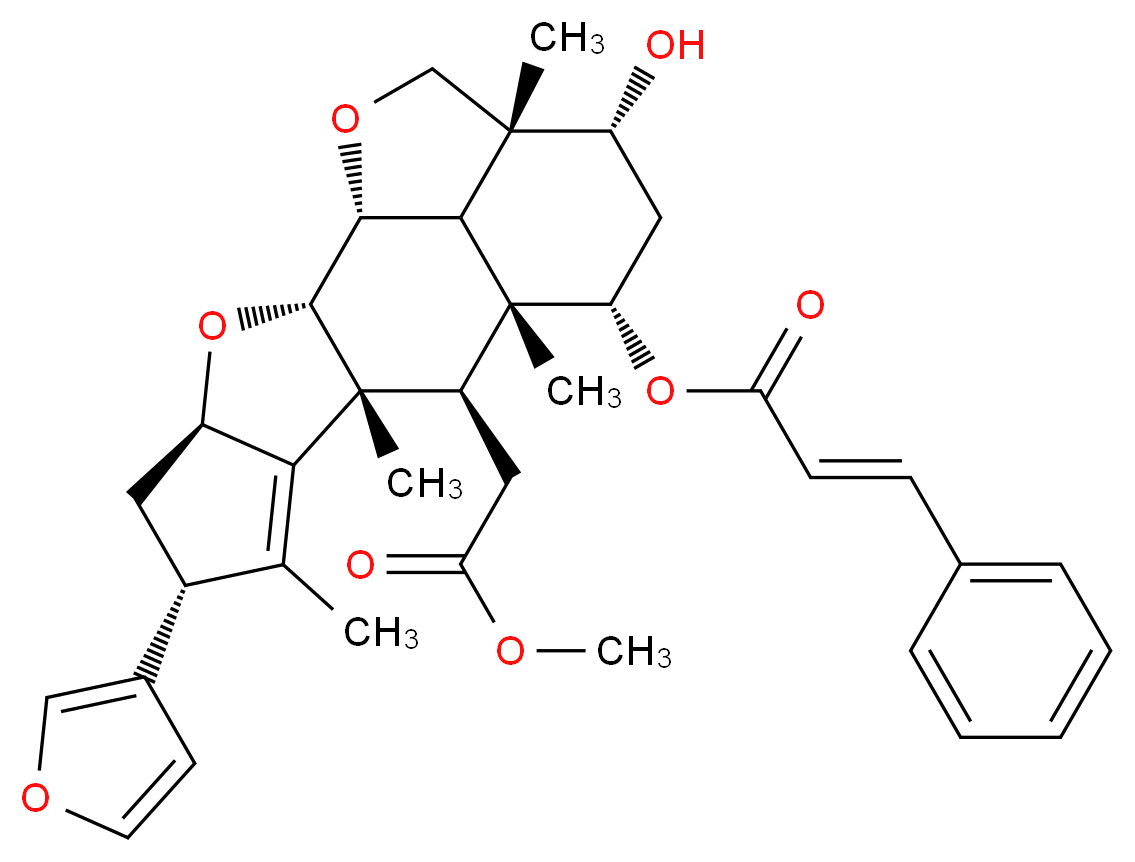 (1R,2S,4R,6R,9R,10R,11R,12S,14R,15R,18R)-6-(furan-3-yl)-14-hydroxy-10-(2-methoxy-2-oxoethyl)-7,9,11,15-tetramethyl-3,17-dioxapentacyclo[9.6.1.0<sup>2</sup>,<sup>9</sup>.0<sup>4</sup>,<sup>8</sup>.0<sup>1</sup><sup>5</sup>,<sup>1</sup><sup>8</sup>]octadec-7-en-12-yl (2E)-3-phenylprop-2-enoate_分子结构_CAS_67023-80-7