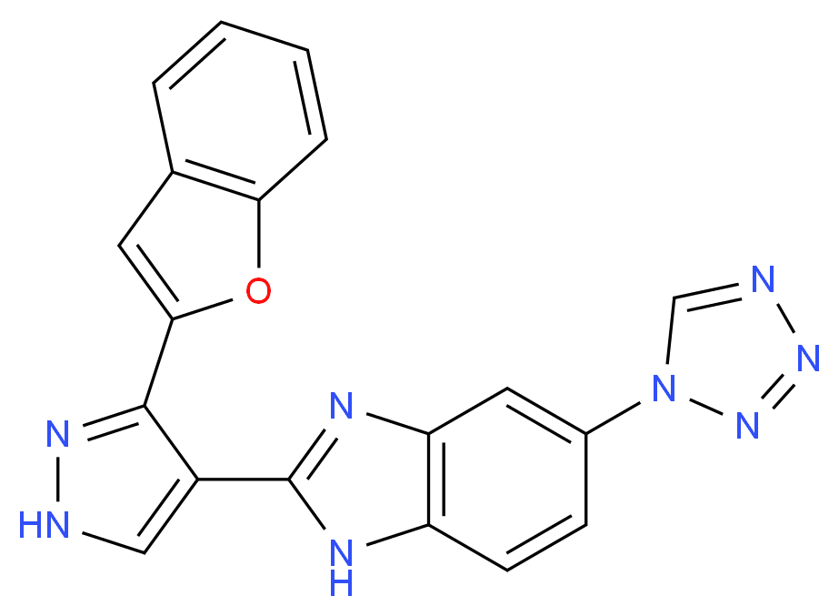 2-[3-(1-benzofuran-2-yl)-1H-pyrazol-4-yl]-5-(1H-tetrazol-1-yl)-1H-benzimidazole_分子结构_CAS_)