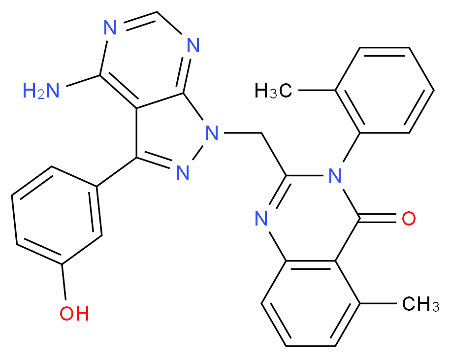 2-{[4-amino-3-(3-hydroxyphenyl)-1H-pyrazolo[3,4-d]pyrimidin-1-yl]methyl}-5-methyl-3-(2-methylphenyl)-3,4-dihydroquinazolin-4-one_分子结构_CAS_900185-02-6