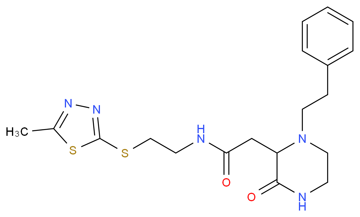 N-{2-[(5-methyl-1,3,4-thiadiazol-2-yl)thio]ethyl}-2-[3-oxo-1-(2-phenylethyl)-2-piperazinyl]acetamide_分子结构_CAS_)
