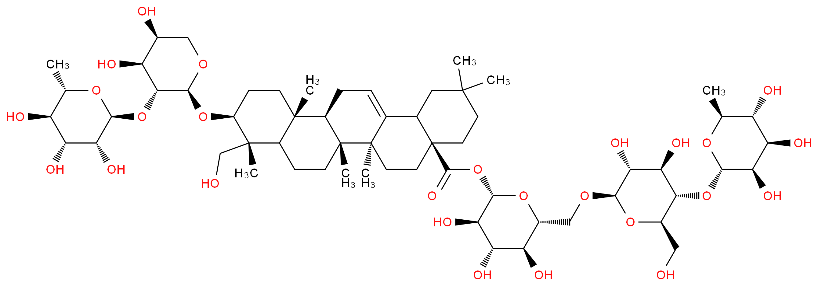 (2S,3R,4S,5S,6R)-6-({[(2R,3R,4R,5S,6R)-3,4-dihydroxy-6-(hydroxymethyl)-5-{[(2S,3R,4R,5R,6S)-3,4,5-trihydroxy-6-methyloxan-2-yl]oxy}oxan-2-yl]oxy}methyl)-3,4,5-trihydroxyoxan-2-yl (4aS,6aS,6bR,9R,10S,12aR,12bR)-10-{[(2S,3R,4S,5S)-4,5-dihydroxy-3-{[(2S,3R,4R,5R,6S)-3,4,5-trihydroxy-6-methyloxan-2-yl]oxy}oxan-2-yl]oxy}-9-(hydroxymethyl)-2,2,6a,6b,9,12a-hexamethyl-1,2,3,4,4a,5,6,6a,6b,7,8,8a,9,10,11,12,12a,12b,13,14b-icosahydropicene-4a-carboxylate_分子结构_CAS_14216-03-6