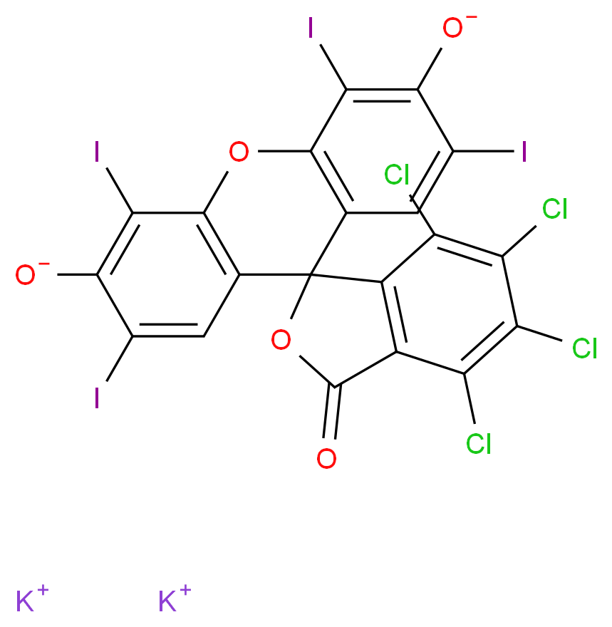 dipotassium 4,5,6,7-tetrachloro-2',4',5',7'-tetraiodo-3-oxo-3H-spiro[2-benzofuran-1,9'-xanthene]-3',6'-bis(olate)_分子结构_CAS_632-69-9