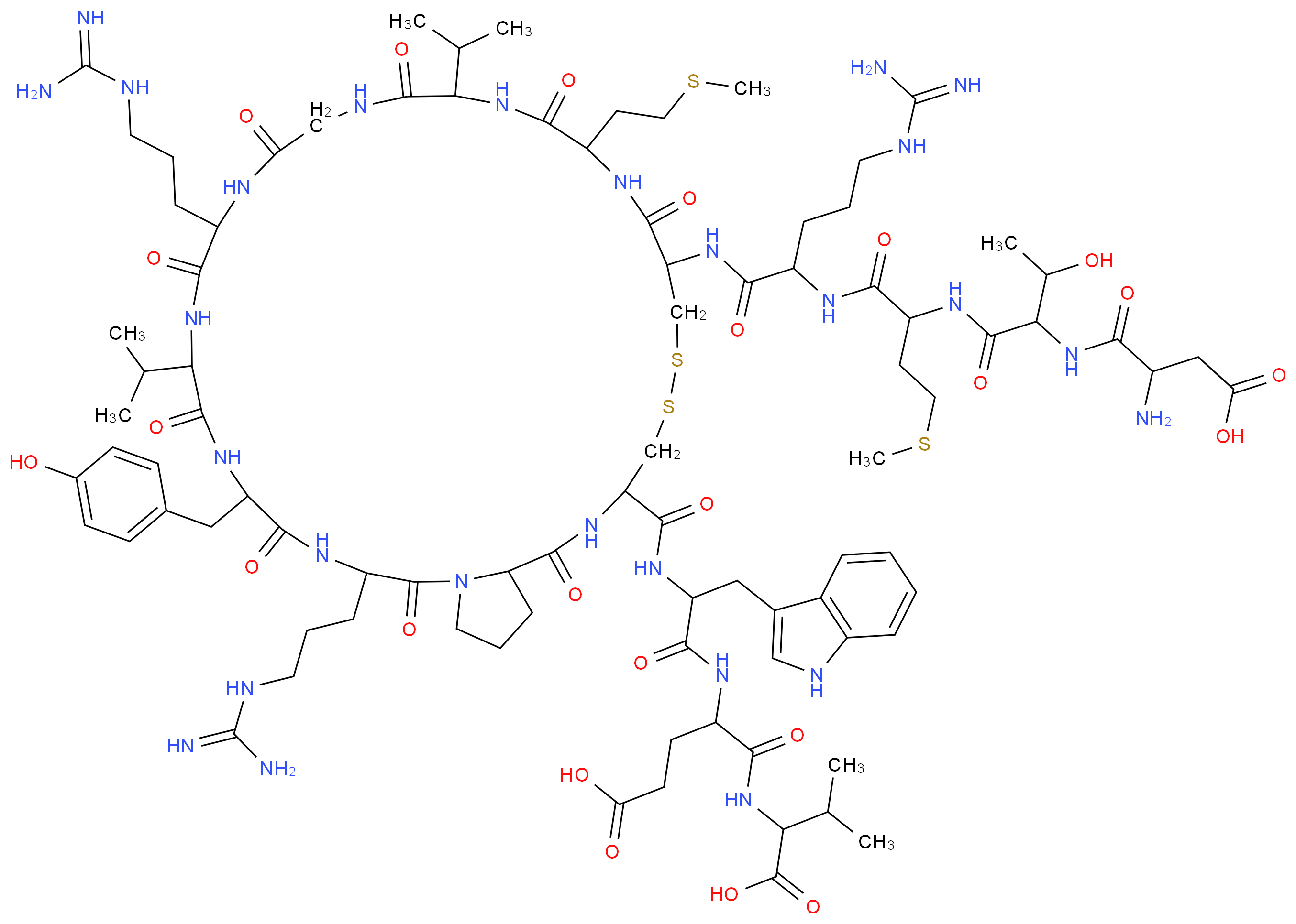 4-(2-{[8-(2-{2-[2-(2-amino-3-carboxypropanamido)-3-hydroxybutanamido]-4-(methylsulfanyl)butanamido}-5-carbamimidamidopentanamido)-20,29-bis(3-carbamimidamidopropyl)-26-[(4-hydroxyphenyl)methyl]-11-[2-(methylsulfanyl)ethyl]-1,9,12,15,18,21,24,27,30-nonaoxo-14,23-bis(propan-2-yl)-dotriacontahydropyrrolo[2,1-g]1,2-dithia-5,8,11,14,17,20,23,26,29-nonaazacyclodotriacontan-3-yl]formamido}-3-(1H-indol-3-yl)propanamido)-4-[(1-carboxy-2-methylpropyl)carbamoyl]butanoic acid_分子结构_CAS_128315-56-0